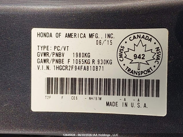 Продаж на аукціоні авто 2015 Honda Accord Touring, vin: 1HGCR2F94FA810871, номер лоту: 12645824
