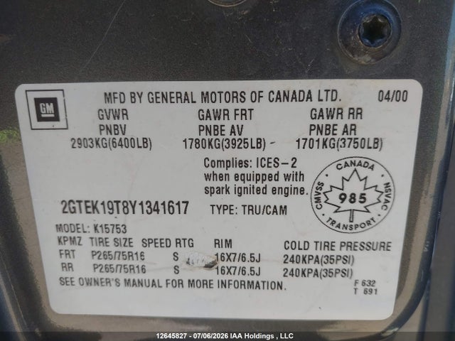 2000 Gmc Sierra 1500 Sl/sle/slt მანქანა იყიდება აუქციონზე, vin: 2GTEK19T8Y1341617, აუქციონის ნომერი: 12645827