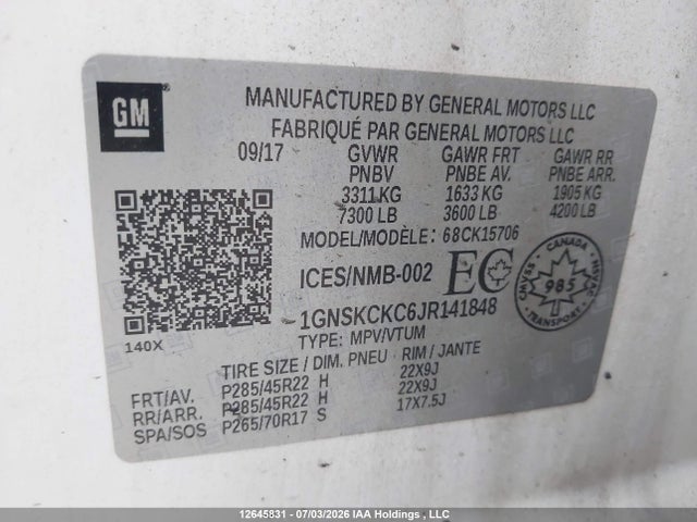 12645831 :رقم المزاد ، 1GNSKCKC6JR141848 vin ، 2018 Chevrolet Tahoe K1500 Premier مزاد بيع