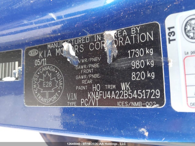 12645840 :رقم المزاد ، KNAFU4A22B5451729 vin ، 2011 Kia Forte Ex مزاد بيع