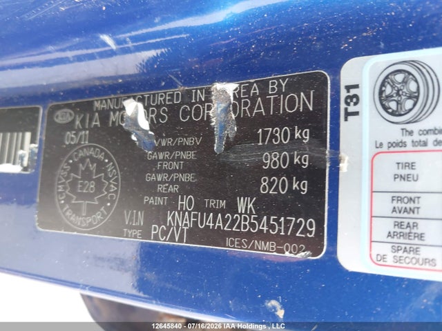 12645840 :رقم المزاد ، KNAFU4A22B5451729 vin ، 2011 Kia Forte Ex مزاد بيع