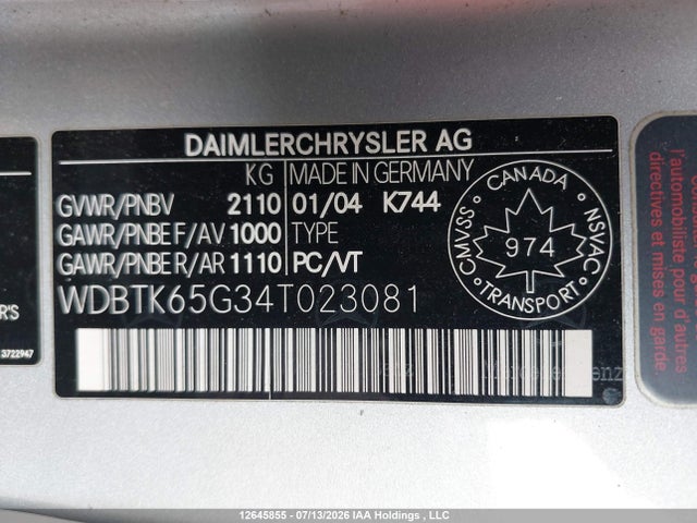 2004 Mercedes-benz Clk 320 მანქანა იყიდება აუქციონზე, vin: WDBTK65G34T023081, აუქციონის ნომერი: 12645855