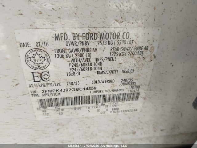 12645857 :رقم المزاد ، 2FMPK4J92GBC14859 vin ، 2016 Ford Edge Sel مزاد بيع