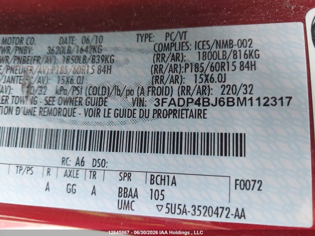 2011 Ford Fiesta Se მანქანა იყიდება აუქციონზე, vin: 3FADP4BJ6BM112317, აუქციონის ნომერი: 12645867