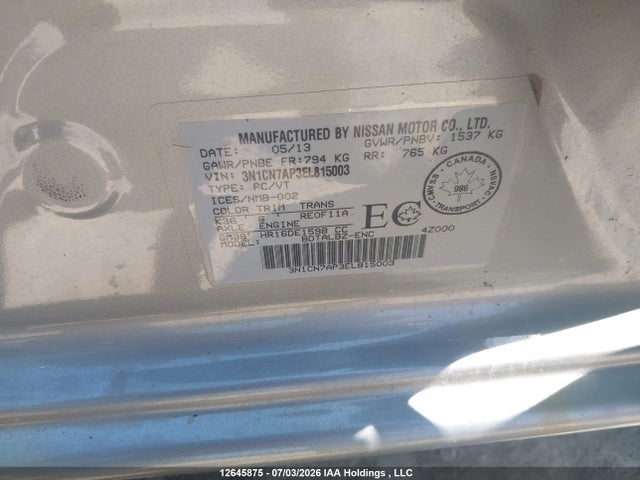 Продаж на аукціоні авто 2014 Nissan Versa 1.6 S/1.6 Sl/1.6 Sv, vin: 3N1CN7AP3EL815003, номер лоту: 12645875