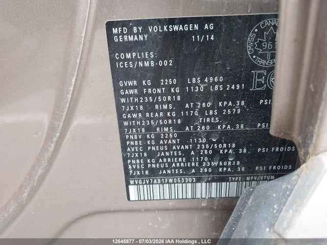 12645877 :رقم المزاد ، WVGJV7AX1FW053303 vin ، 2015 Volkswagen Tiguan S/se/sel/r-line مزاد بيع