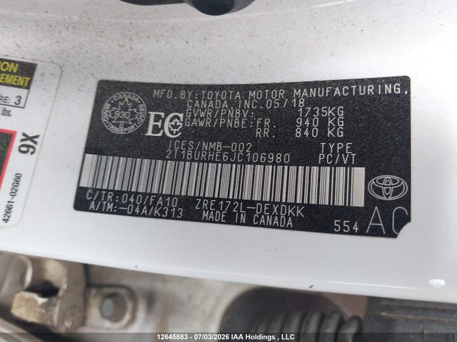 Aukcja sprzedaży 2018 Toyota Corolla L/le/xle/se/xse, vin: 2T1BURHE6JC106980, numer aukcji: 12645883