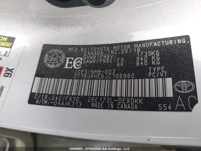 Aukcja sprzedaży 2018 Toyota Corolla L/le/xle/se/xse, vin: 2T1BURHE6JC106980, numer aukcji: 12645883
