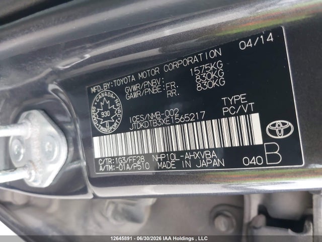2014 Toyota Prius C მანქანა იყიდება აუქციონზე, vin: JTDKDTB3XE1565217, აუქციონის ნომერი: 12645891