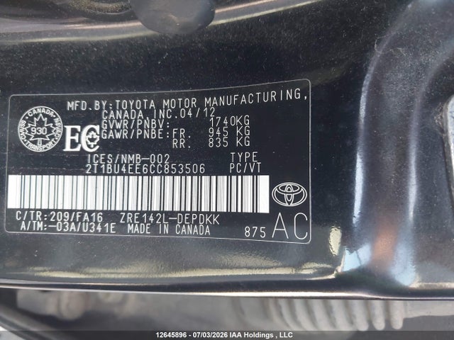 Aukcja sprzedaży 2012 Toyota Corolla Ce, vin: 2T1BU4EE6CC853506, numer aukcji: 12645896
