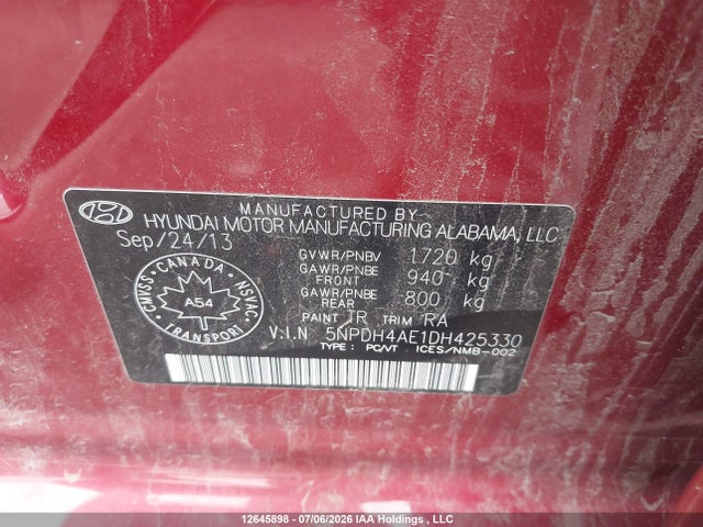 2013 Hyundai Elantra Gls/limited მანქანა იყიდება აუქციონზე, vin: 5NPDH4AE1DH425330, აუქციონის ნომერი: 12645898