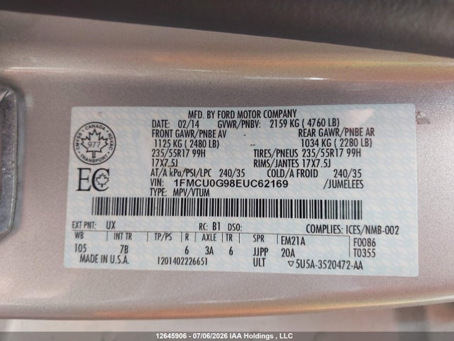 12645906 :رقم المزاد ، 1FMCU0G98EUC62169 vin ، 2014 Ford Escape Se مزاد بيع