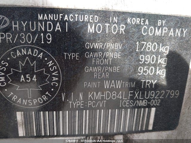 12645911 :رقم المزاد ، KMHD84LFXLU922799 vin ، 2020 Hyundai Elantra Sel/value/limited مزاد بيع