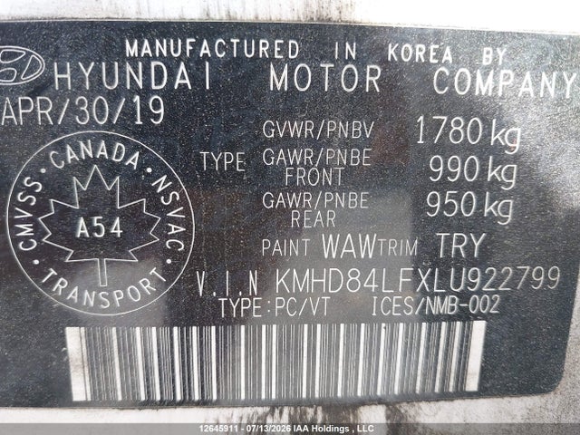 12645911 :رقم المزاد ، KMHD84LFXLU922799 vin ، 2020 Hyundai Elantra Sel/value/limited مزاد بيع