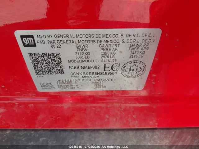3GNKBKRS8NS199504 Chevrolet BLAZER RS