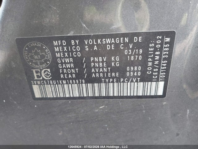 12645924 :رقم المزاد ، 3VWC57BU1KM169979 vin ، 2019 Volkswagen Jetta 1.4 Tsi Comfortline مزاد بيع