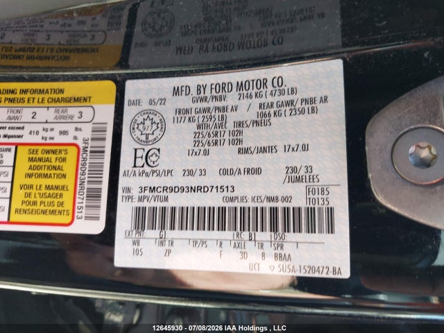 12645930 :رقم المزاد ، 3FMCR9D93NRD71513 vin ، 2022 Ford Bronco Sport Badlands مزاد بيع
