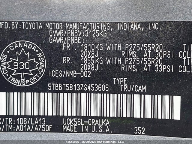 2007 Toyota Tundra Double Cab Limited მანქანა იყიდება აუქციონზე, vin: 5TBBT58137S453605, აუქციონის ნომერი: 12645936