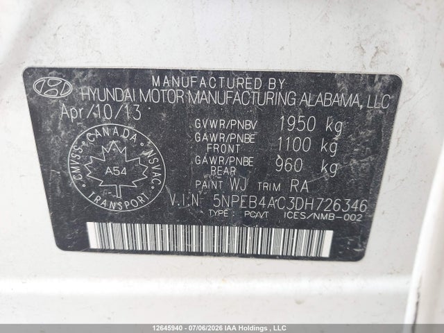 Aukcja sprzedaży 2013 Hyundai Sonata Gls, vin: 5NPEB4AC3DH726346, numer aukcji: 12645940