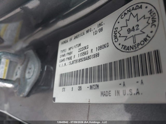 12645942 :رقم المزاد ، 5J8TB18509A801999 vin ، 2009 Acura Rdx مزاد بيع