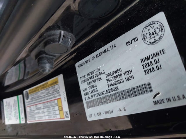 Aukcja sprzedaży 2020 Honda Pilot Touring, vin: 5FNYF6H92LB506359, numer aukcji: 12645947