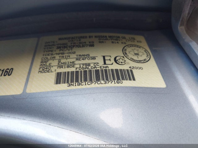 Продаж на аукціоні авто 2012 Nissan Versa 1.8 S, vin: 3N1BC1CP7CL377160, номер лоту: 12645964