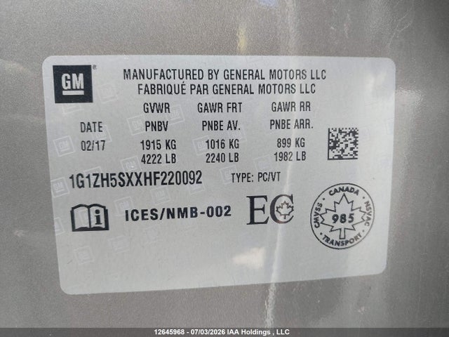 1G1ZH5SXXHF220092 Chevrolet Malibu Premier