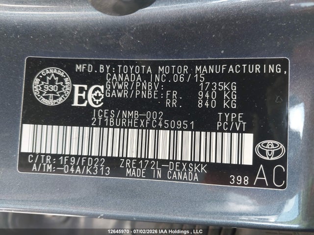 Auction sale of the 2015 Toyota Corolla L/le/le Pls/prm/s/s Pls, vin: 2T1BURHEXFC450951, lot number: 12645970