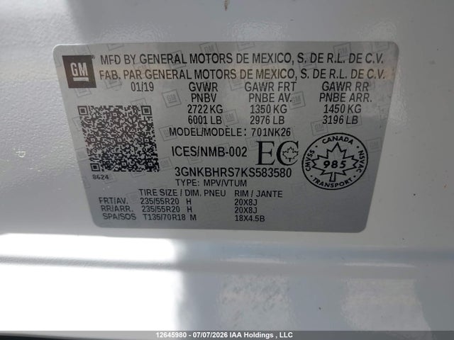 12645980 :رقم المزاد ، 3GNKBHRS7KS583580 vin ، 2019 Chevrolet Blazer 3.6 True North مزاد بيع