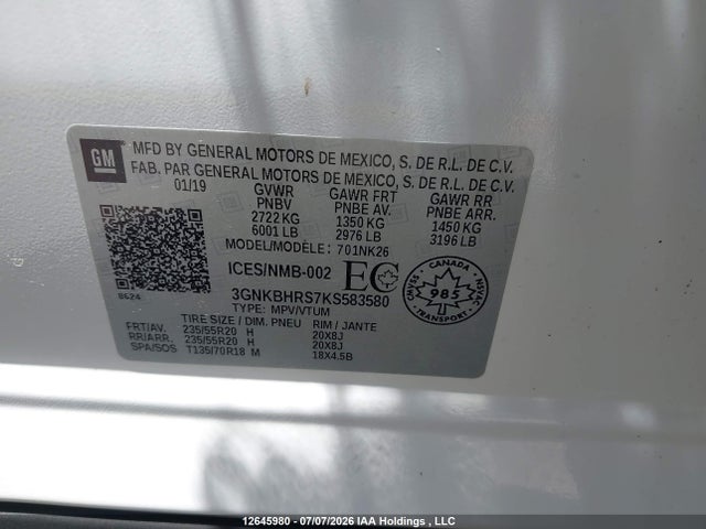 12645980 :رقم المزاد ، 3GNKBHRS7KS583580 vin ، 2019 Chevrolet Blazer 3.6 True North مزاد بيع