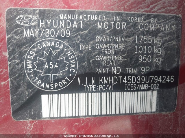 2009 Hyundai Elantra Gl მანქანა იყიდება აუქციონზე, vin: KMHDT45D39U794246, აუქციონის ნომერი: 12645981