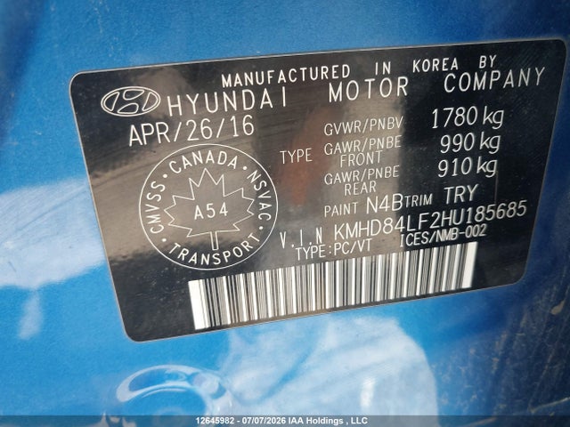 12645982 :رقم المزاد ، KMHD84LF2HU185685 vin ، 2017 Hyundai Elantra مزاد بيع
