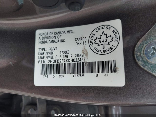 2013 Honda Civic Lx მანქანა იყიდება აუქციონზე, vin: 2HGFB2F4XDH032452, აუქციონის ნომერი: 12645986