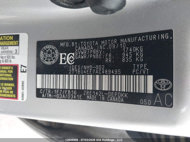 2010 Toyota Corolla Ce მანქანა იყიდება აუქციონზე, vin: 2T1BU4EE7AC489495, აუქციონის ნომერი: 12645988