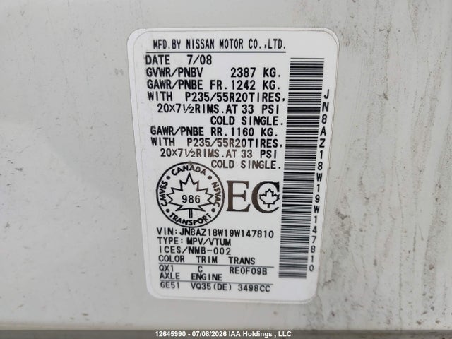 12645990 :رقم المزاد ، JN8AZ18W19W147810 vin ، 2009 Nissan Murano Le مزاد بيع