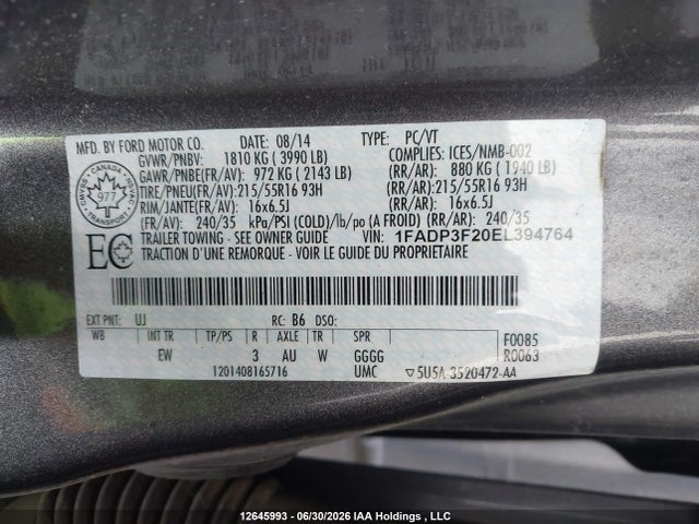 2014 Ford Focus Se მანქანა იყიდება აუქციონზე, vin: 1FADP3F20EL394764, აუქციონის ნომერი: 12645993