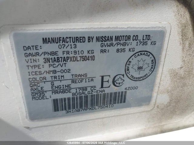 2013 Nissan Sentra 1.8 S/1.8 Sv მანქანა იყიდება აუქციონზე, vin: 3N1AB7APXDL750410, აუქციონის ნომერი: 12645994