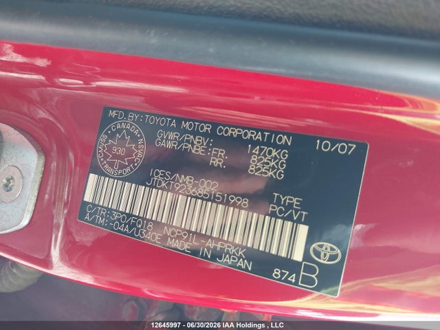 Продаж на аукціоні авто 2008 Toyota Yaris Rs, vin: JTDKT923685151998, номер лоту: 12645997