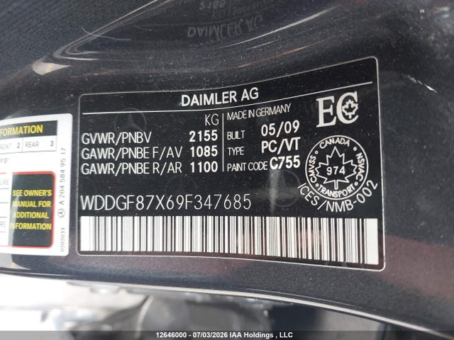 2009 Mercedes-benz C-class მანქანა იყიდება აუქციონზე, vin: WDDGF87X69F347685, აუქციონის ნომერი: 12646000