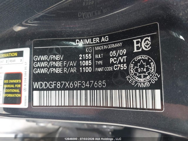 2009 Mercedes-benz C-class მანქანა იყიდება აუქციონზე, vin: WDDGF87X69F347685, აუქციონის ნომერი: 12646000