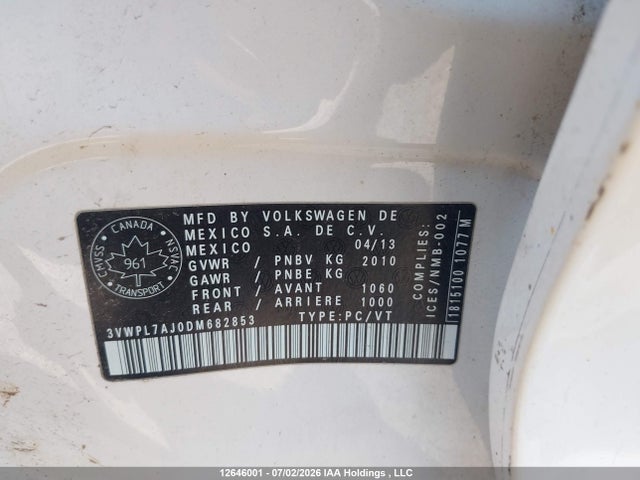 Aukcja sprzedaży 2013 Volkswagen Jetta Tdi, vin: 3VWPL7AJ0DM682853, numer aukcji: 12646001