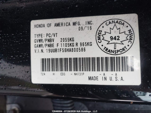 12646004 :رقم المزاد ، 19UUB1F56HA800586 vin ، 2017 Acura Tlx Tech مزاد بيع