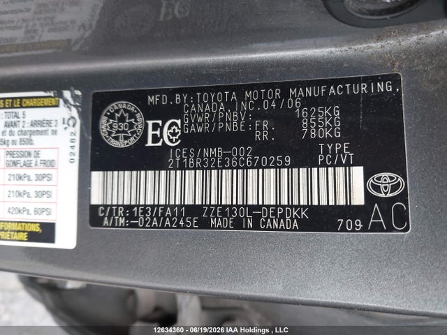 Aukcja sprzedaży 2006 Toyota Corolla Ce/le/sport, vin: 2T1BR32E36C670259, numer aukcji: 12634360