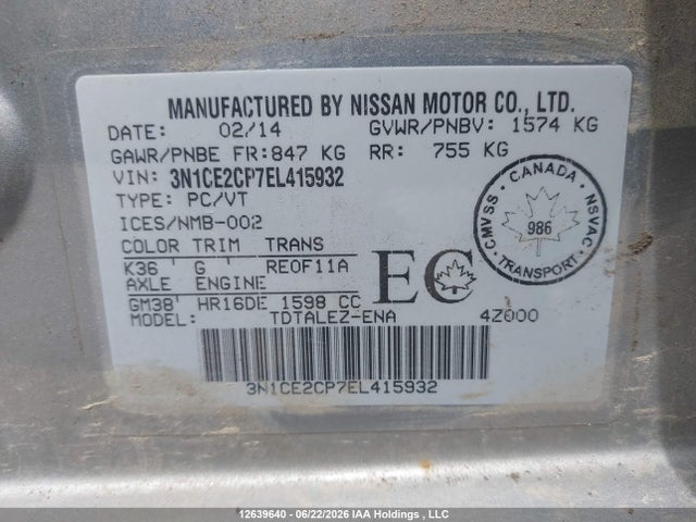 Продаж на аукціоні авто 2014 Nissan Versa Note 1.6 S/1.6 Sl/1.6 Sv, vin: 3N1CE2CP7EL415932, номер лоту: 12639640