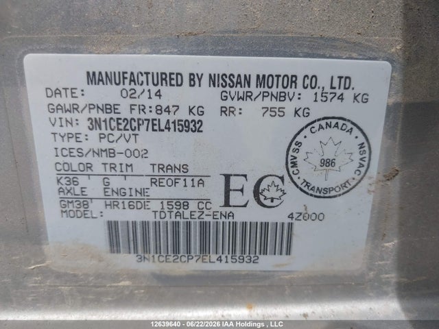 Продаж на аукціоні авто 2014 Nissan Versa Note 1.6 S/1.6 Sl/1.6 Sv, vin: 3N1CE2CP7EL415932, номер лоту: 12639640