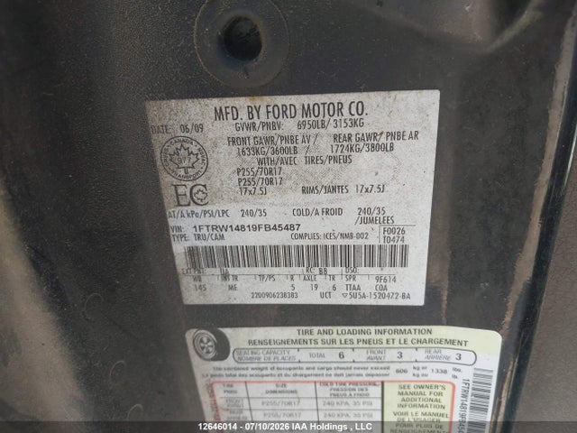 2009 Ford F-150 Xlt მანქანა იყიდება აუქციონზე, vin: 1FTRW14819FB45487, აუქციონის ნომერი: 12646014