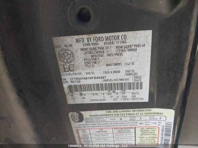 2009 Ford F-150 Xlt მანქანა იყიდება აუქციონზე, vin: 1FTRW14819FB45487, აუქციონის ნომერი: 12646014
