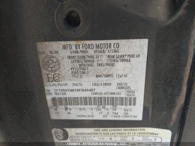 2009 Ford F-150 Xlt მანქანა იყიდება აუქციონზე, vin: 1FTRW14819FB45487, აუქციონის ნომერი: 12646014