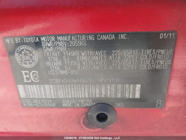 Продаж на аукціоні авто 2011 Toyota Rav4, vin: 2T3BF4DV6BW118072, номер лоту: 12646016