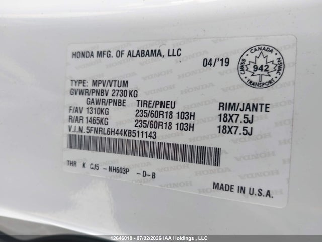 Honda ODYSSEY EX 2019 5FNRL6H44KB511143 Image 9